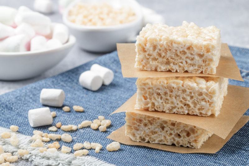 Homemade Bars Of Marshmallow And Crispy Rice And Ingredients On