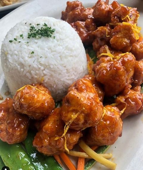 orange chicken with rice balls