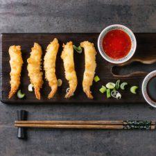 Fried tempura shrimps with sauces